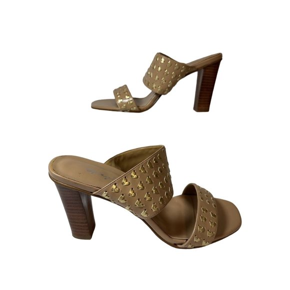 Spiegel Shoes - Spiegel Tan Gold Dual Strap Heeled Mules Size 8B Faux Leather ECU
